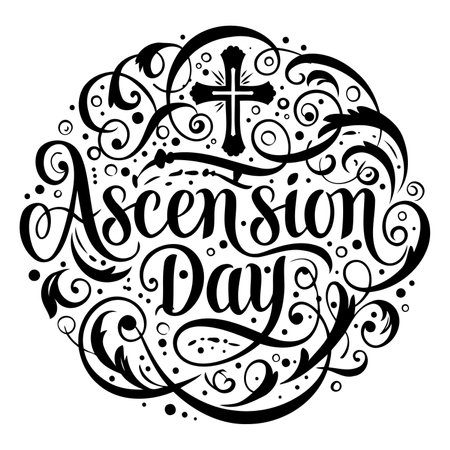 Ornate, script lettering design of "Ascension Day" with decorative swirls and floral elements; Christian themed; suitable for religious advertising, posters, greeting cards, and social media.のイラスト素材