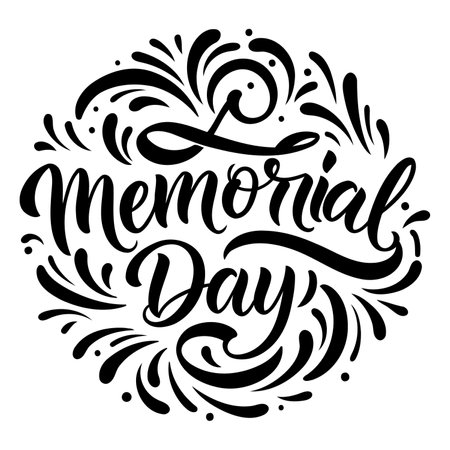 Hand-lettered "Memorial Day" with ornate floral border.  Classic, elegant style.  Suitable for advertising, social media posts, or editorial use around Memorial Day.のイラスト素材