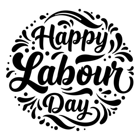 Circular, stylized lettering design of "Happy Labour Day" in bold, script font, with decorative flourishes and dots.  Suitable for print and digital media.  Excellent for advertising or editorial use related to labor day.のイラスト素材