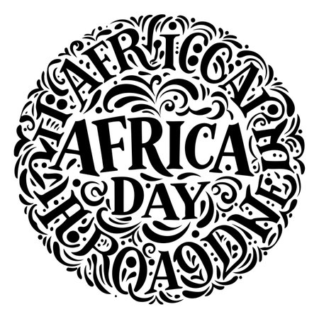 Ornate, circular design featuring the words "AFRICA DAY" in a stylized, vintage font, surrounded by decorative flourishes.  Excellent for advertising or editorial use related to African culture or heritage.のイラスト素材