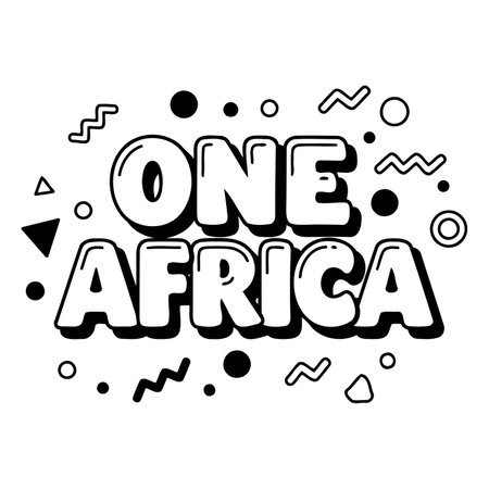 Bold, stylized typography of "ONE AFRICA" with playful, graphic elements.  Suitable for advertising, social media graphics, or editorial content related to Africa, unity, or social issues.のイラスト素材