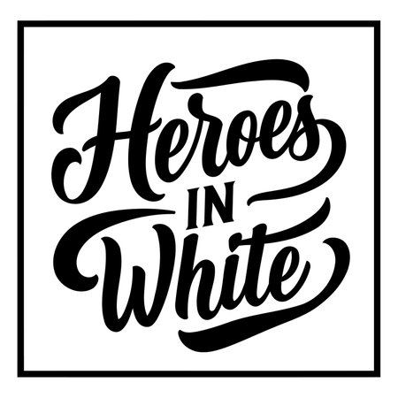 Bold, stylized lettering phrase "Heroes in White" within a square frame.  Classic, vintage-inspired design. Ideal for motivational posters, apparel, or branding projects.のイラスト素材