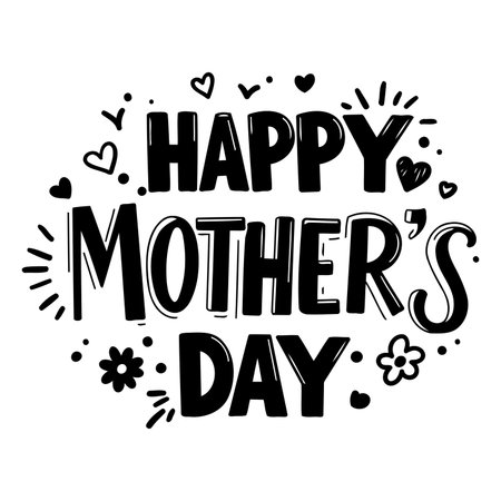 Bold, hand-drawn "Happy Mother's Day" lettering with decorative hearts and flowers.  Perfect for greeting cards, apparel, or social media.のイラスト素材