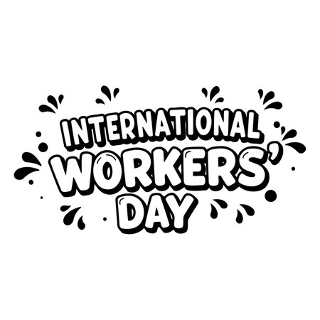 Bold, stylized typography celebrating International Workers' Day.  Comic-book style lettering with 3D effect, and decorative splatters.  Ideal for advertising, social media, or editorial content related to labor, celebration, or social justice.のイラスト素材