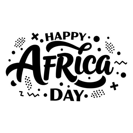 Bold, stylized lettering proclaims "Happy Africa Day" with a modern, decorative flair.  Use of graphic elements like dots and zig-zags adds visual interest. Suitable for advertising, social media, or editorial use related to Africa Day celebrations.のイラスト素材