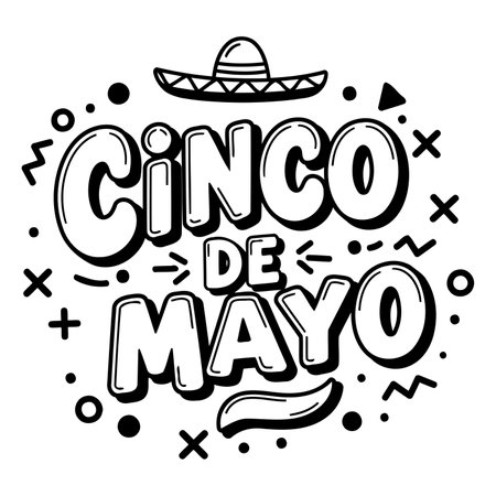 Bold, stylized lettering of "Cinco de Mayo" with a sombrero graphic.  Fun, playful design perfect for Cinco de Mayo celebrations.  Suitable for advertising, social media graphics, and editorial use.のイラスト素材