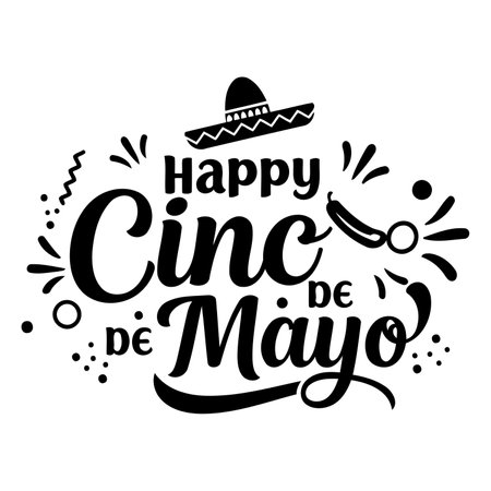 Bold, stylized lettering proclaims "Happy Cinco de Mayo."  A sombrero graphic complements the celebratory theme.  Suitable for advertising, greeting cards, or editorial content related to Mexican culture and holidays.のイラスト素材