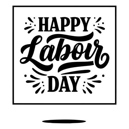 Stylish, black and white "Happy Labour Day" lettering.  Square, outlined frame with decorative flourishes.  Suitable for advertising or editorial use related to labor, celebrations, or holidays.のイラスト素材