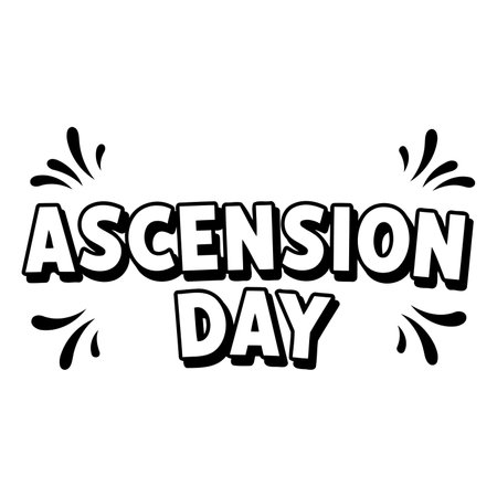 Bold, stylized "Ascension Day" text with comic book-style flourishes.  Suitable for religious advertising, calendars, or editorial content related to the holiday.のイラスト素材