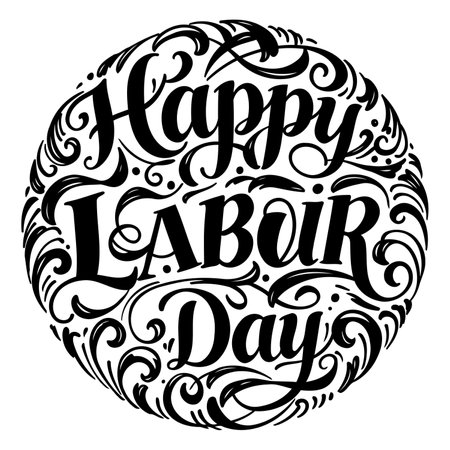 Black and white decorative lettering of "Happy Labor Day" in a circular frame. Perfect for print or digital media marketing or educational materials related to Labor Day.のイラスト素材