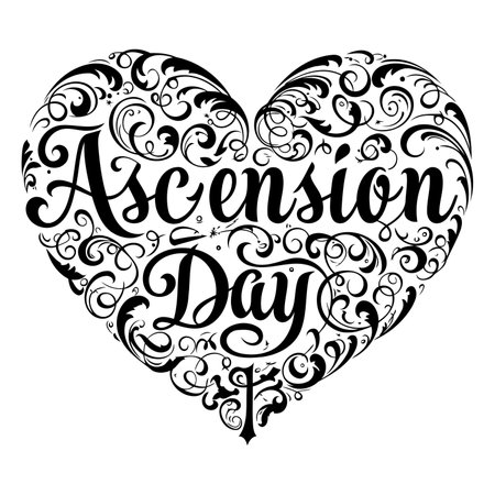 Ornate heart-shaped typography featuring "Ascension Day" in a stylized script font, embellished with detailed floral and scrollwork.  Ideal for religious or cultural advertising and editorial use.のイラスト素材