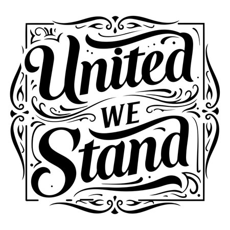 Ornate lettering design featuring "United We Stand" in a vintage, stylized font.  Excellent for motivational or inspirational advertising, apparel, posters, or editorial pieces.のイラスト素材
