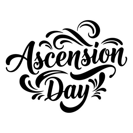 Ornate lettering design featuring "Ascension Day" in a stylized, script font with decorative flourishes.  Ideal for religious or historical advertising, or editorial pieces concerning religious holidays.のイラスト素材