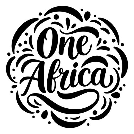 Bold, hand-lettered phrase "One Africa" in a circular frame with decorative flourishes.  Suitable for advertising, social media, or editorial content relating to unity, Africa, or travel.のイラスト素材
