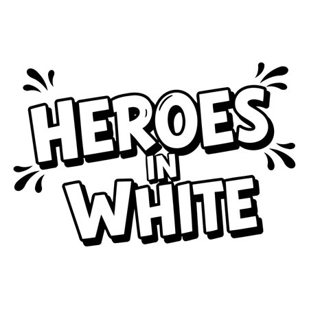 Bold, stylized text graphic reads "HEROES IN WHITE" in a comic book style.  Perfect for advertising, apparel, or editorial related to heroism, themes of purity, or white-themed events.のイラスト素材