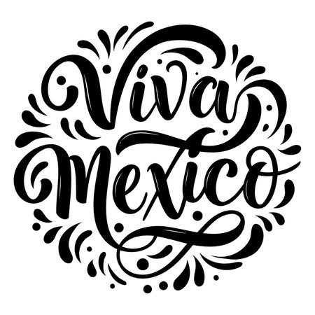 Bold, stylized lettering of "Viva Mexico" in a circular design with decorative flourishes.  Perfect for patriotic themes or celebrations.  Suitable for advertising, merchandise, or editorial content relating to Mexico, culture, or celebration.のイラスト素材