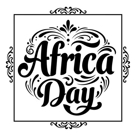 Ornate, stylized lettering graphic of "Africa Day" within a decorative border.  Classic, vintage-inspired design. Suitable for advertising or editorial use related to Africa, heritage, or culture.のイラスト素材