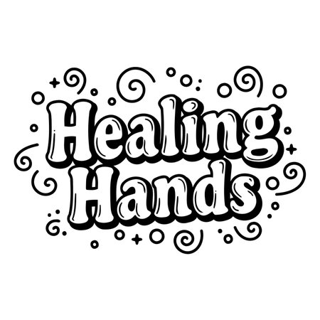 Bold, stylized lettering of "Healing Hands" with whimsical swirls and dots.  Ideal for health-related advertising or inspirational/motivational editorial.のイラスト素材