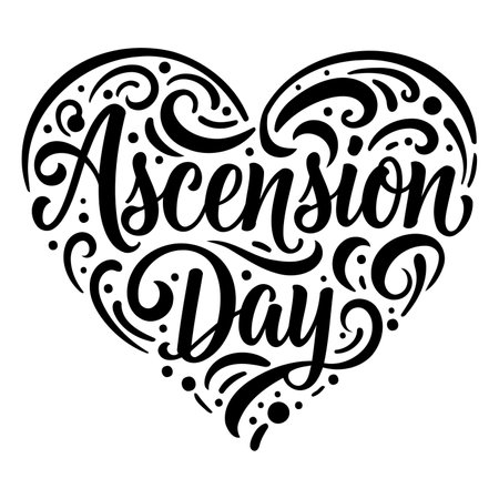 Stylish, black-and-white heart-shaped graphic with the phrase "Ascension Day" in a decorative script font. Ornate flourishes and swirls adorn the heart, creating a celebratory and artistic design. Ideal for religious or historical advertising,  calendars, or inspirational posters.のイラスト素材