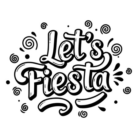 Bold, stylized lettering with the phrase "Let's Fiesta" and decorative swirls.  Fun, celebratory design.  Excellent for advertising, posters, or social media related to parties, holidays, or events.のイラスト素材