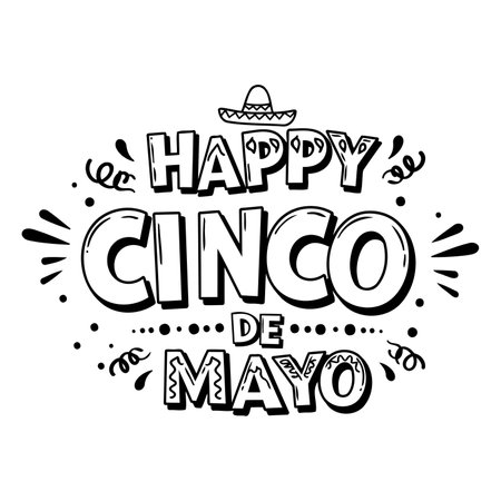 Stylish black and white graphic design of "Happy Cinco de Mayo" suitable for advertising, marketing, and social media posts; Features bold, decorative typography with Cinco de Mayo themed elements for cultural event promotion.のイラスト素材