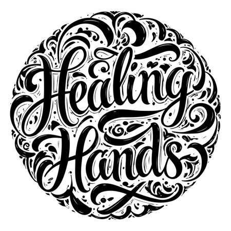 Decorative, hand-lettered phrase "Healing Hands" in a circular design.  Ideal for wellness, health, or beauty-related advertising.のイラスト素材