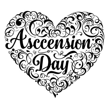 Ornate heart-shaped design featuring "Ascension Day" in a stylized, decorative font.  Intricate swirls and flourishes fill the heart shape.  Ideal for religious or celebratory advertising, posters, or editorial uses related to the Christian holiday.のイラスト素材