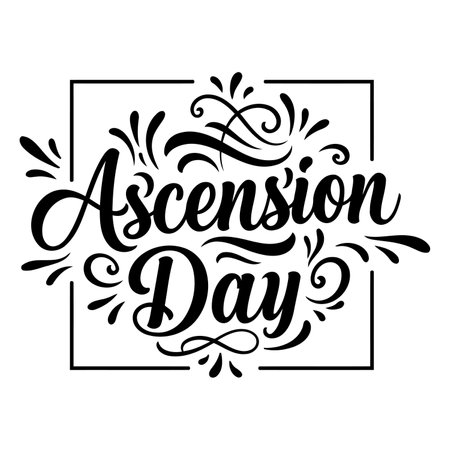 Elegant, stylized lettering of "Ascension Day" framed by decorative flourishes.  Perfect for religious or celebratory advertising, posters, or editorial.のイラスト素材