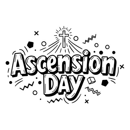 Bold, stylized lettering proclaims Ascension Day, adorned with graphic elements.  Modern, playful, and impactful design.  Suitable for advertising, greeting cards, or religious-themed editorial.のイラスト素材