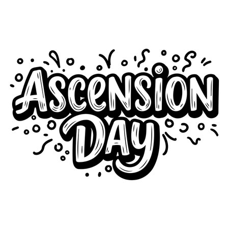 Bold, stylized lettering of "Ascension Day" with whimsical, hand-drawn embellishments.  Perfect for religious or cultural advertising, social media graphics, or editorial calendars.のイラスト素材