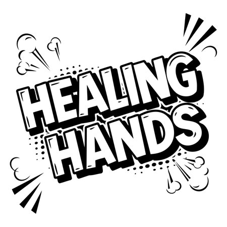 Bold, comic-book style graphic of "Healing Hands."  Suitable for healthcare marketing, social media posts, and educational materials.のイラスト素材