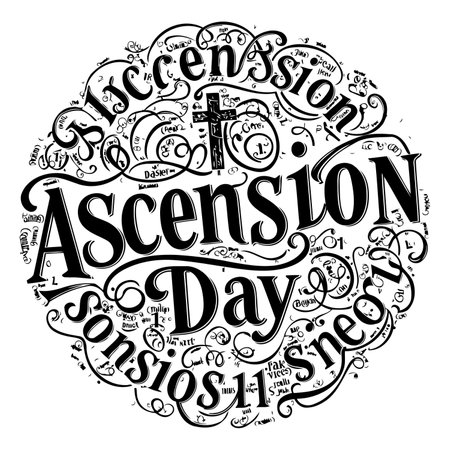 Ornate, typographic design featuring the words "Ascension Day" and "Son of Man",  with a dense, swirling pattern of decorative lettering.  Suitable for religious, historical, or artistic stock usage.のイラスト素材
