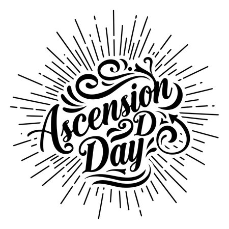 Stylish, black and white lettering of "Ascension Day" with sunburst/ray design. Ideal for religious or historical advertising, posters, and editorial pieces related to Christian holidays.のイラスト素材