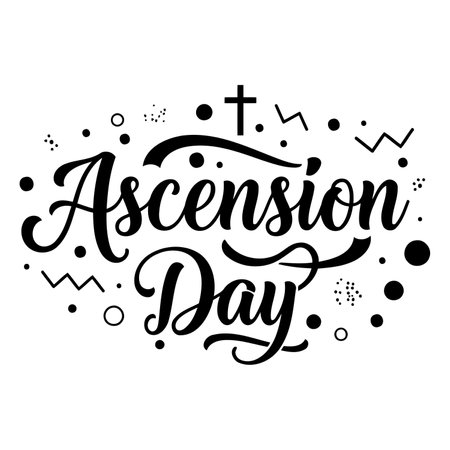 Bold, stylized lettering of "Ascension Day" with decorative geometric shapes.  Ideal for religious or holiday-themed advertising, apparel design, or editorial content.のイラスト素材
