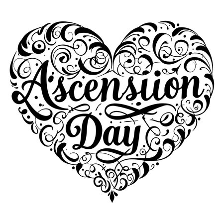 Heart-shaped decorative typography featuring the phrase "Ascension Day" in a stylized, script font. Ornate swirls and flourishes enhance the design.  Suitable for religious calendars, posters, or Christian-themed advertising.のイラスト素材