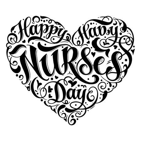 Heart-shaped typography design with "Happy Nurses Day" in elegant script.  Perfect for advertising or editorial use related to healthcare, nursing, and appreciation.のイラスト素材