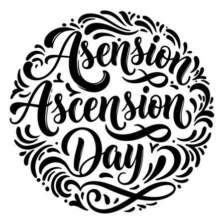 Bold, decorative lettering of "Ascension Day" in a circular frame with ornate flourishes.  Classic style suitable for religious or holiday-themed advertising, posters, or editorial pieces.のイラスト素材