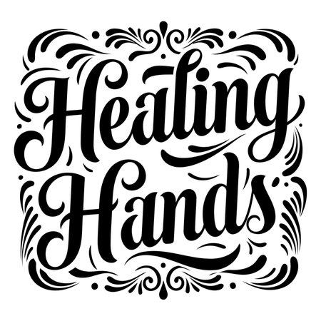 Black and white stylized lettering design featuring the words "Healing Hands". Ideal for wellness, healthcare, and related marketing or education projects.のイラスト素材