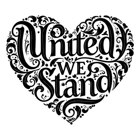 Heart-shaped typographic design with ornate swirls and flourishes, conveying unity and solidarity.  Bold, elegant lettering style.  Suitable for advertising campaigns, social media graphics, or editorial pieces focusing on community, empowerment, and togetherness.のイラスト素材