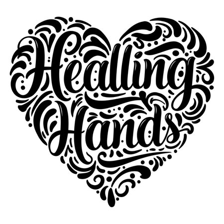 Heart-shaped, stylized lettering with "Healing Hands" in a bold, script font, ornamented with swirls and decorative flourishes.  Ideal for health-related advertising, wellness products, or inspirational designs.のイラスト素材