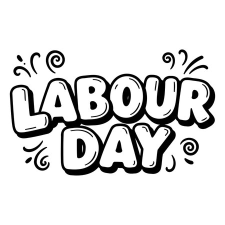 Bold, stylized Labor Day text with hand-drawn embellishments. Ideal for posters, social media, or print marketing materials related to Labor Day celebrations.のイラスト素材