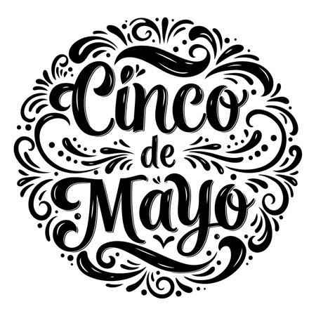 Ornate, stylized "Cinco de Mayo" lettering, circular design, decorative flourishes.  Ideal for Cinco de Mayo themed advertising, invitations, or editorial pieces.のイラスト素材