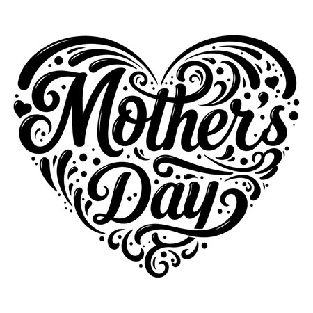 Black and white, decorative heart graphic with Mother's Day lettering.  Suitable for advertising, greeting cards, or social media posts.のイラスト素材