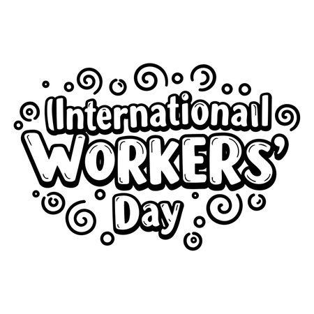 Bold, stylized graphic for International Workers Day, suitable for social media marketing or educational materials.  Eye-catching, playful font style with swirls.のイラスト素材