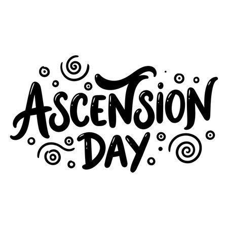 Bold, hand-lettered text of "Ascension Day" with decorative swirls. Suitable for religious or cultural marketing, social media graphics, and print design.のイラスト素材