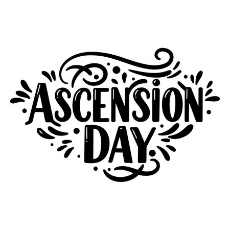 Bold, stylized typography design of "Ascension Day" with decorative flourishes, suitable for religious or holiday-themed marketing materials, or educational resources.のイラスト素材