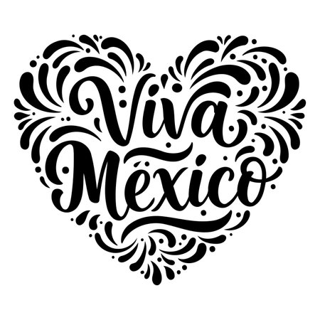 Heart-shaped graphic design featuring the phrase "Viva Mexico" in a stylized, decorative font. Ideal for marketing materials, merchandise, or educational content related to Mexico.のイラスト素材