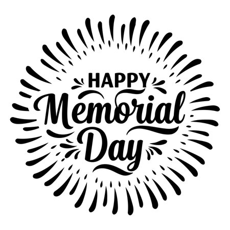 Black and white, stylized graphic design of "Happy Memorial Day" with firework-like burst. Suitable for advertising, social media posts, and print materials.のイラスト素材
