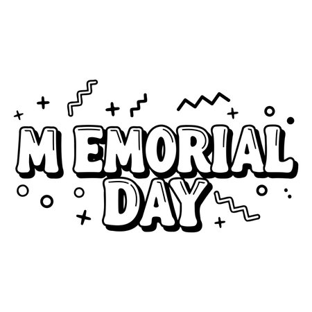 Bold, playful graphic design of "M Memorial Day" suitable for advertising or social media posts.  Black and white, with pop art style.のイラスト素材