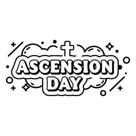 Bold, stylized text "ASCENSION DAY" in a comic-book bubble style, with simple line art. Suitable for religious advertising or editorial content for Ascension Day.のイラスト素材